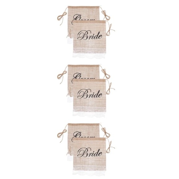 OUNONA 6 pcs Bride & Groom Hessian Chair Banner Rustic Wedding Banner Burlap Signs