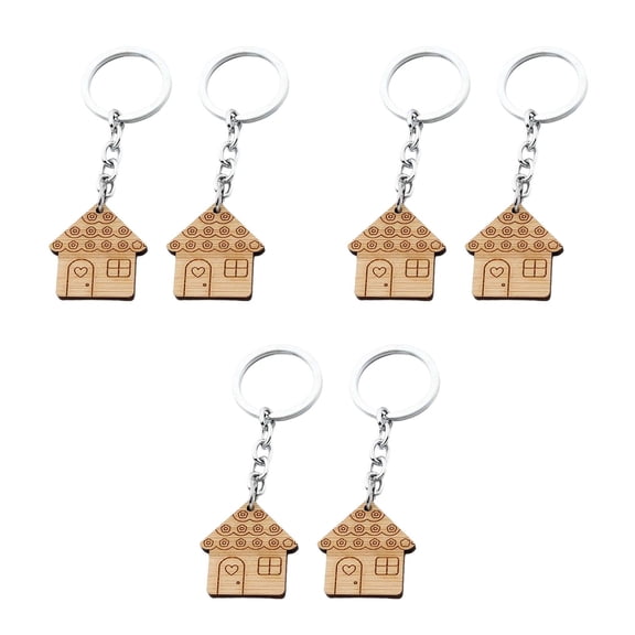 OUNONA Raindrops 6 pcs Wooden House Shaped Keychains for Couples Bag Purse Key Rings Hanging Accessories