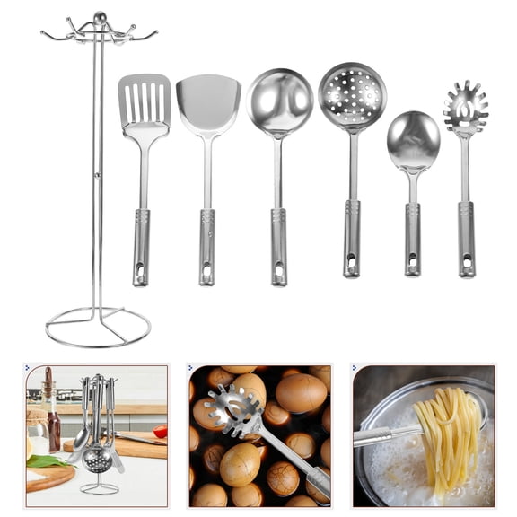 OUNONA 6Pcs High Grade Stainless Steel Kitchen Utensil Set with Storage Stand