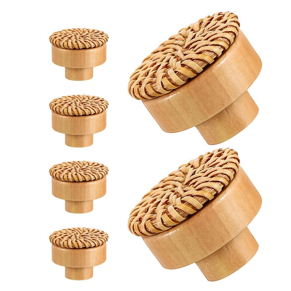 OUNONA 6Pcs Boho Style Rattan Wooden Dresser Knobs with Natural Wood Handle