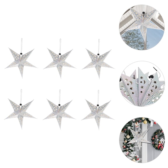 OUNONA 6pcs Hanging Decorations Star Lamp Shade Silver Paper Ceiling Light Shade for Lovers