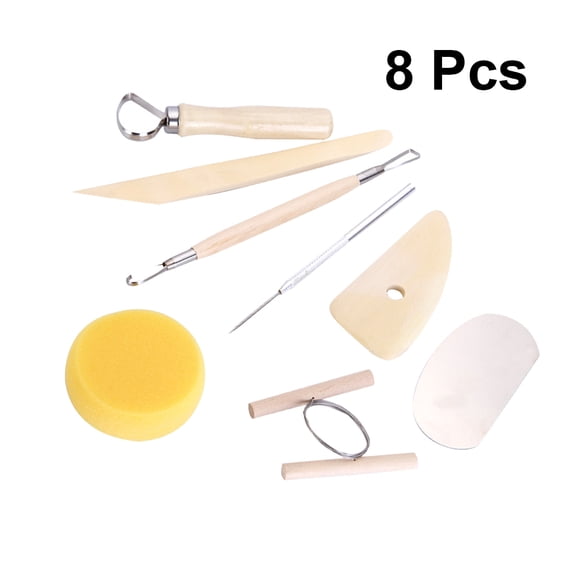 OUNONA 8Pcs Pottery Tools Set for Engraving Carving Shaping Cutting Smoothing with Stainless Steel Wood Sponge Assorted Colors