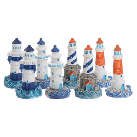 OUNONA 8pcs Mini Resin Nautical Figurines Fairy Garden Miniature Mediterranean Figure Lighthouse Beach Decor Ornaments For Tabletop Display