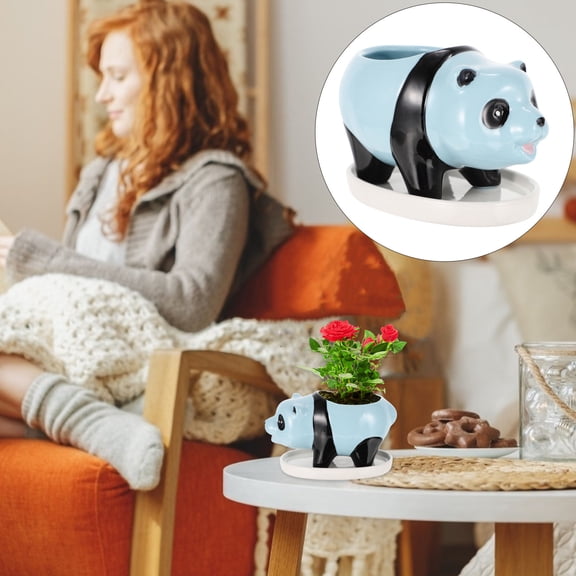 OUNONA  Animal Flowerpot Panda Attractive Decoration Garden Planters Blue