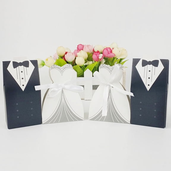 OUNONA Assorted Color Wedding Favor Boxes with Special Dress Design and 50pcs Ribbons for Packaging 100pcs