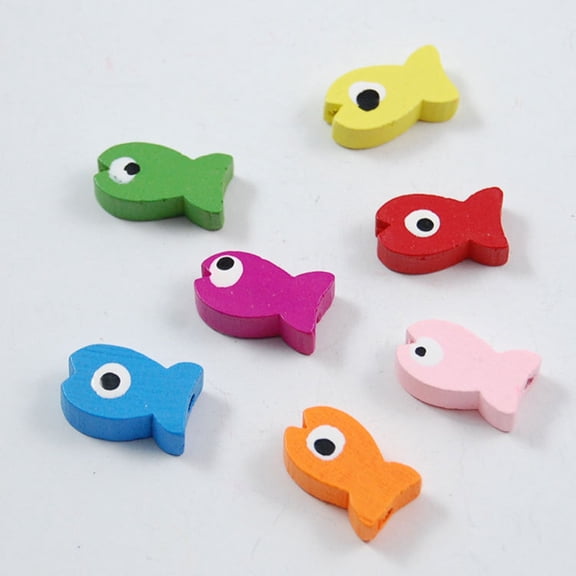 OUNONA Assorted Color Wooden Fish Beads 50 Pieces for DIY Decoration Easy Stringing Educational Toy