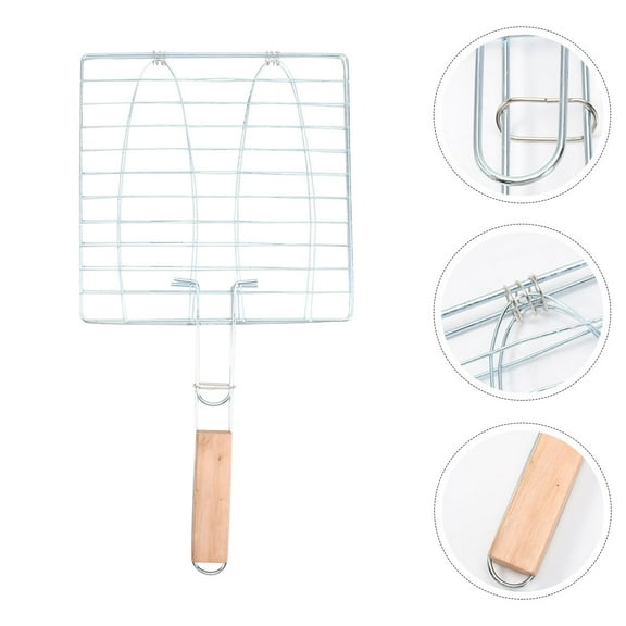OUNONA BBQ Fish Basket with Large Grilling Surface and Long Wood Handle for Kitchen Use 43x22.5x2cm