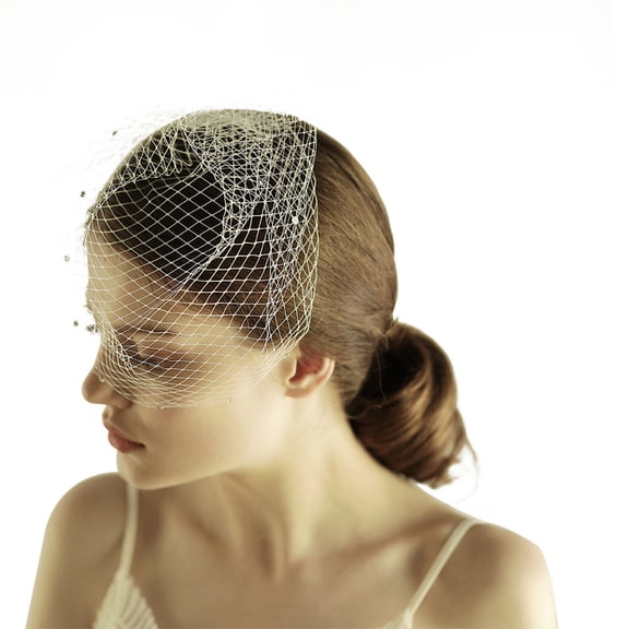 OUNONA Beige Bridal Veil Short Covered Face Veil with Rhinestone Handmade Tulle for Wedding