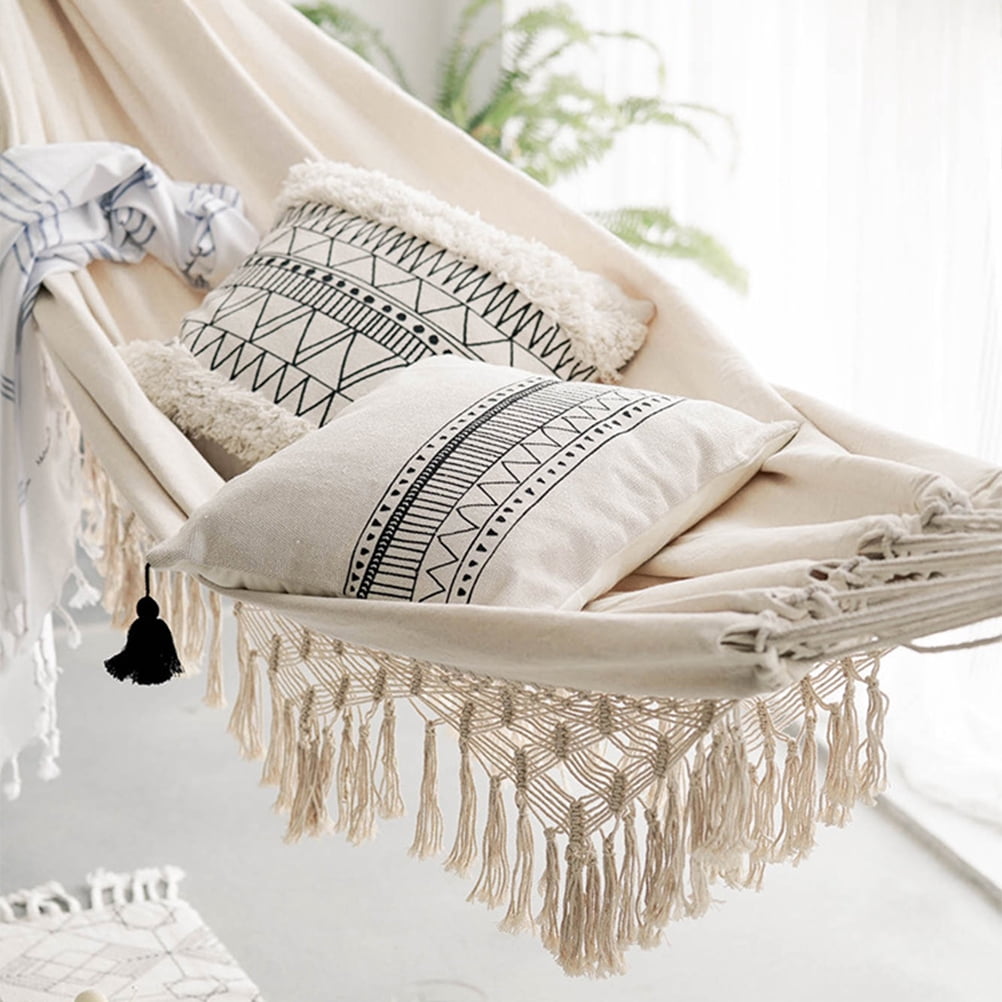 OUNONA Beige Double Camping Hammock Lightweight Canvas Swing Bed Outdoor Relaxation Sleeping Gear