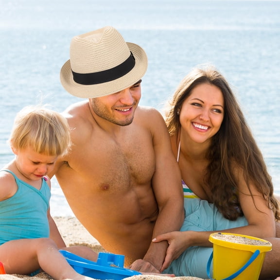 OUNONA Unisex Woven Straw Hat Beige Bucket Sun Hat for Outdoor Sports Hiking Gardening