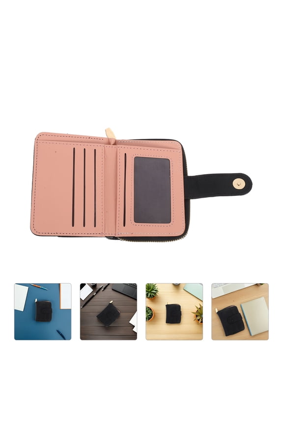 PU Card Wallet with Zipper Black Compact Multifunction Travel Credit Card Holder for Business