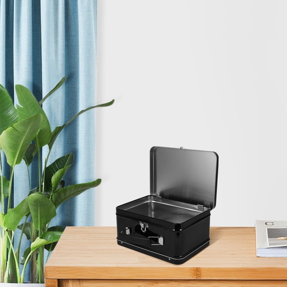 OUNONA Black Tin Keepsake Box with Handle for Personal Storage and Home Decor