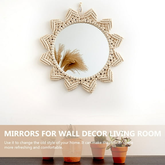 OUNONA Bohemian Style Wall Decor Cotton Rope Mirror for Home Use Khaki Color 7.87 Inches