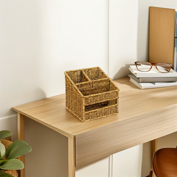 OUNONA Brown Woven Storage Basket for Letters Stationery and Small Item Organization