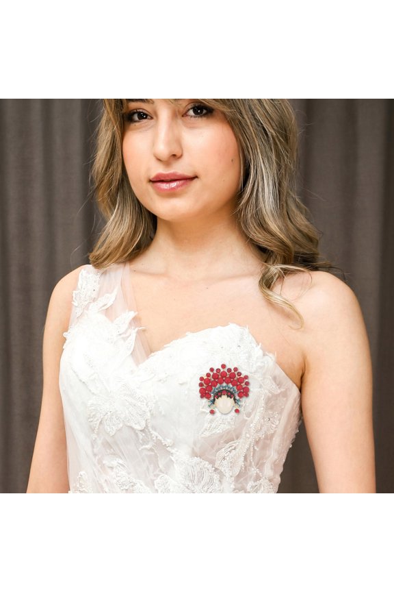 Chinese Style Red Brooch Pin Metal Peking Opera Inspired Formal Coat Cardigan Jewelry