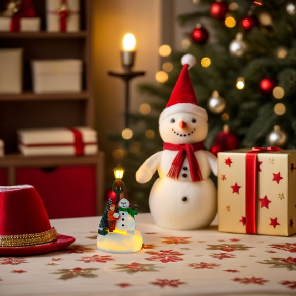 OUNONA Multi Color Christmas Tabletop Ornaments with LED Light Up Streetlights and Resin Snowman Figurine