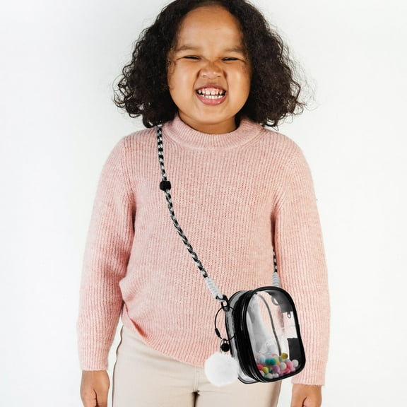 OUNONA Clear Figure Display Bag with Shoulder Strap and Pom Poms Clear Pouch Organizer Hanging Small Doll Storage Bag Display Case for Mini Figures Dolls