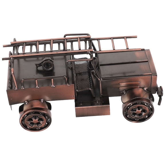OUNONA Collectible Vintage Fire Truck Model Dark Brown Diecast Metal Home Shelf Decor