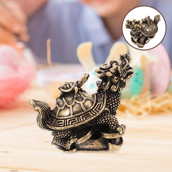 OUNONA Vintage Copper Dragon Turtle Statue Metal Decor Golden Indoor Feng Shui Ornament