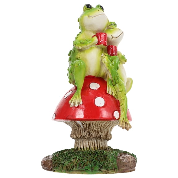 OUNONA Cute Frog Garden Statue Decor Lovers Pond Ornaments Mushroom Green