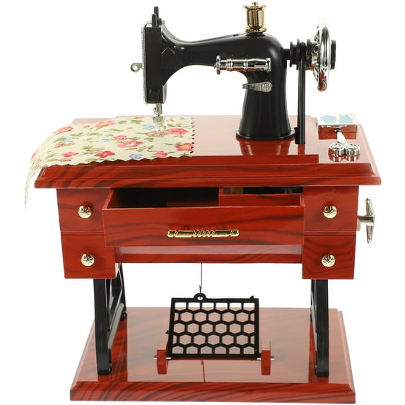 OUNONA Dark Red Vintage Sewing Machine Design Music Box for Decoration ABS Ornament 6.5 x 4.5 x 3.5 Inches