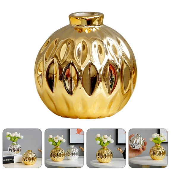 OUNONA Decoration Small Ceramic Vase Decorative Touch Porcelain Flower Pot 8X8cm Golden