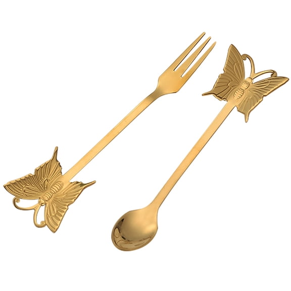 OUNONA Dessert Tableware Set Stainless Steel Spoon and Fork with Butterfly Pattern Cutlery for Kids and Adults, 1 Set