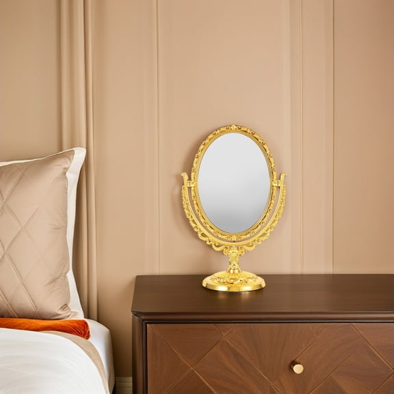 OUNONA Double-Sided Swivel Vanity Mirror Oval Shape Makeup Mirror Vintage Decorative Mirror For Women
