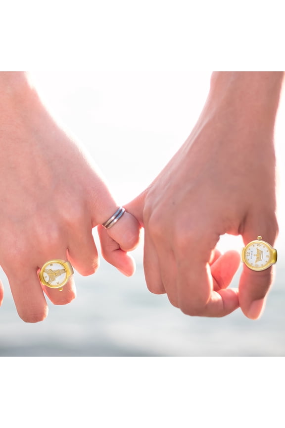 Elegant Golden Stainless Steel Ring Watch for Men's and Women's with Quartz Movement and Decorative Design