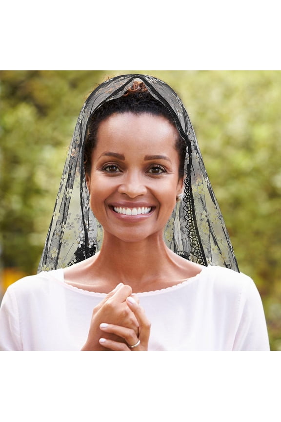 Catholic Lace Triangle Scarf Black Polyester Embroidered Floral Tassels Stylish Headscarf and Shawl