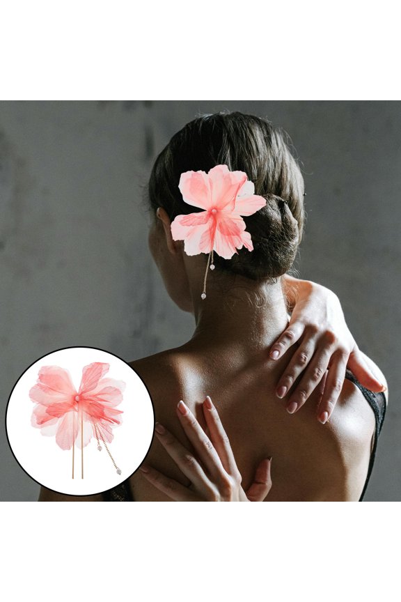 Flower Tassels Hairpin Hair Accessory U Shaped Red Alloy 1Set for Prom