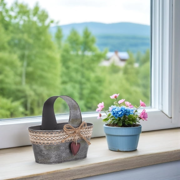 OUNONA Galvanized Rustic Bucket Planter Pot with Burlap Farmhouse Style Iron Flower Holder