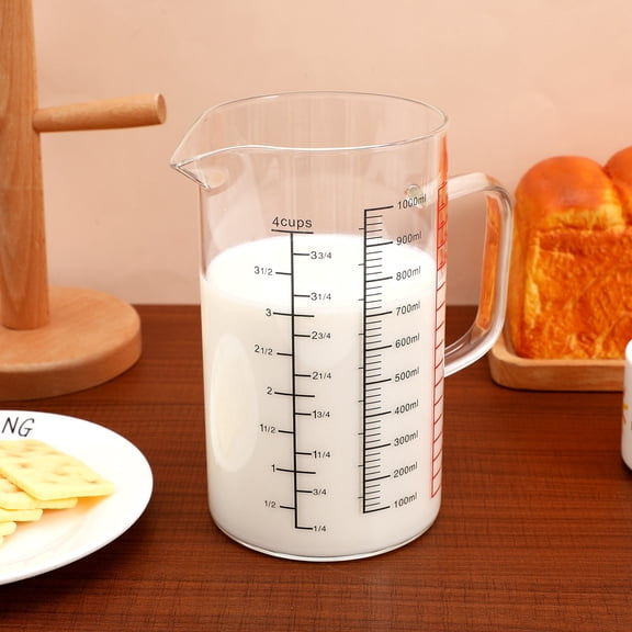 OUNONA Glass Measuring Mug With Four Scales Handled Pouring Cup Coffee Measuring Glass Kitchen Baking Measurement Supply 1000 ML