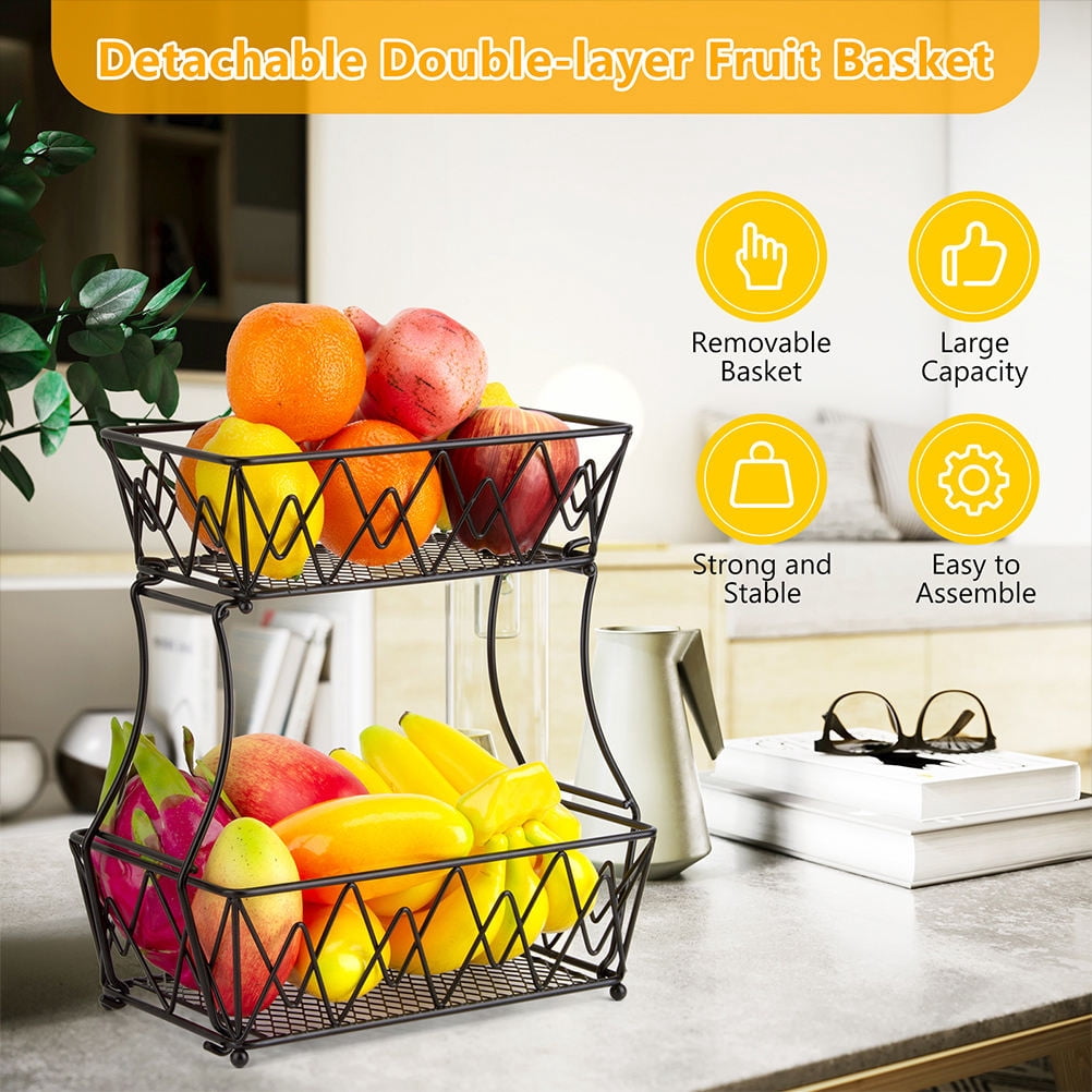 OUNONA Two-Tier Glossy Black Fruit Basket and Vegetable Storage Rack Organizer for Kitchen Countertop and Pantry