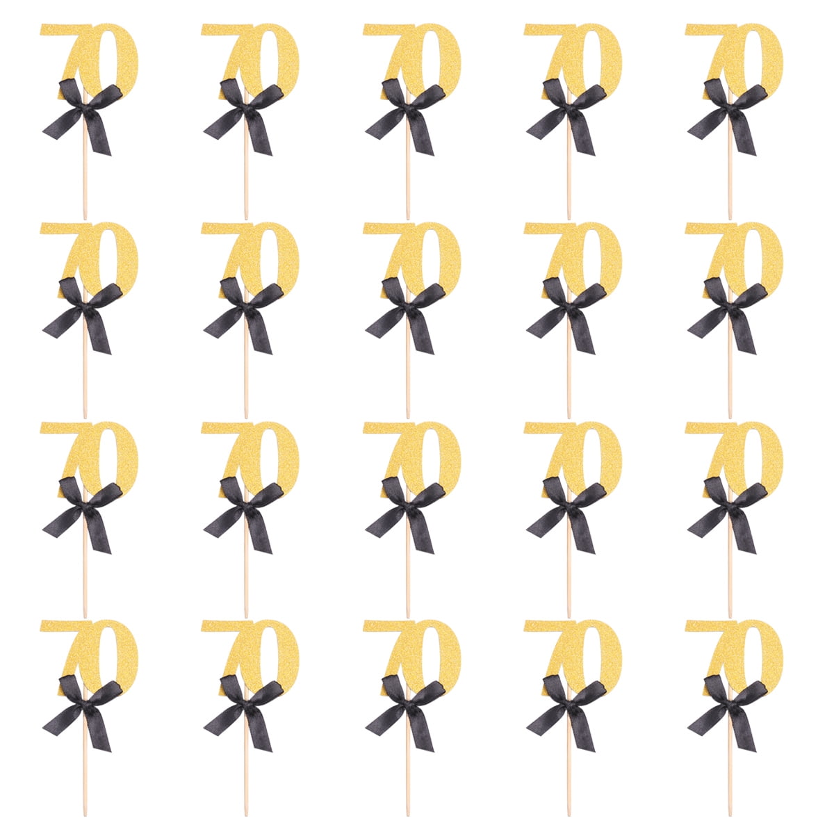 OUNONA 20pcs Golden Glitter Number 70 Cake Toppers for Birthday Dessert Decoration with Bowknot Picks 70th