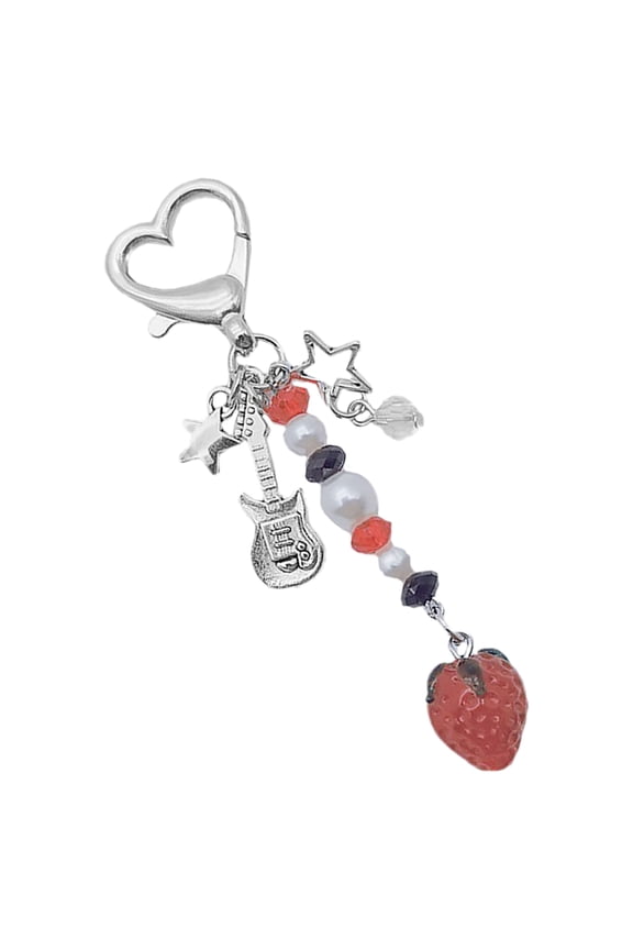 Guitar Strawberry Charm Keychain Pendant Keychain Backpack Purse Hanging Keyring Pendant