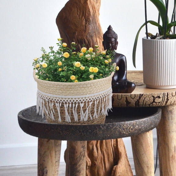 OUNONA Hand Weave Planter Basket Light Brown Cotton Rope Woven Plant Container for Homeowners Gardeners 1Set