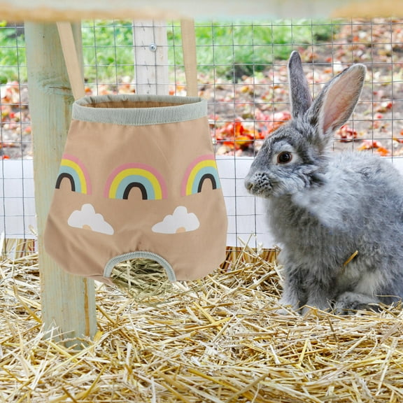 OUNONA Ventilated Khaki Hanging Hay Bag, Foldable and Portable for Small Animals