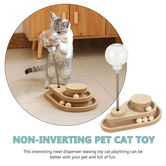 OUNONA Interactive Cat Treat Dispenser Toy with Track and Automatic Slow Feeder for Indoor Cats and Kittens, Wooden Design