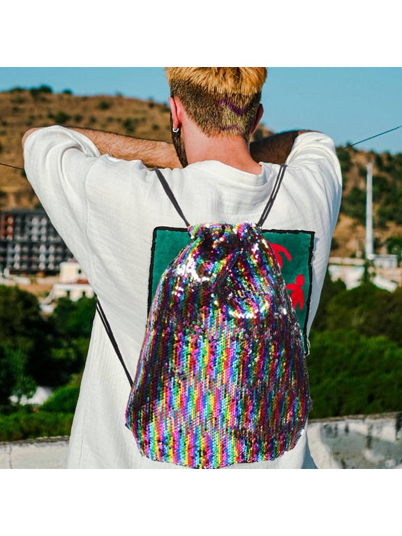Large Capacity Stylish Drawstring Bag with Sequins and Double Shoulder Straps for Everyday Use and Travel