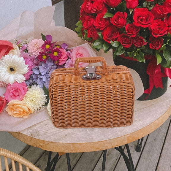 OUNONA Light Brown Handwoven Rattan Style Suitcase with Lock, Large Capacity Travel Storage Case for Easy Organization