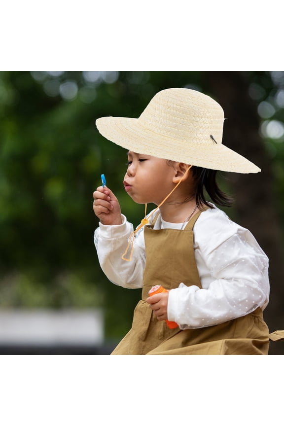 Lightweight Beige Wheat Straw Sun Hat for Outdoor Beach Trips with Adjustable Chin Strap