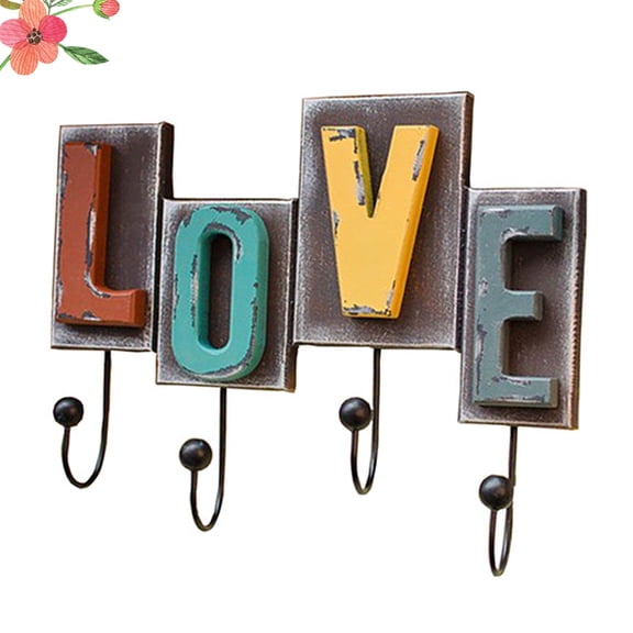 OUNONA Love Letter Wall Hook Organizer Blue Synthetic Material Four Hooks for Storage Use Retro Style 1Pc