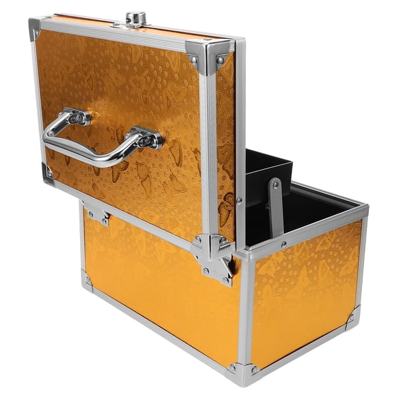 OUNONA Golden Aluminum Alloy Storage Case with Drawer and Mirror for Jewelry Tools Ideal for Harsh