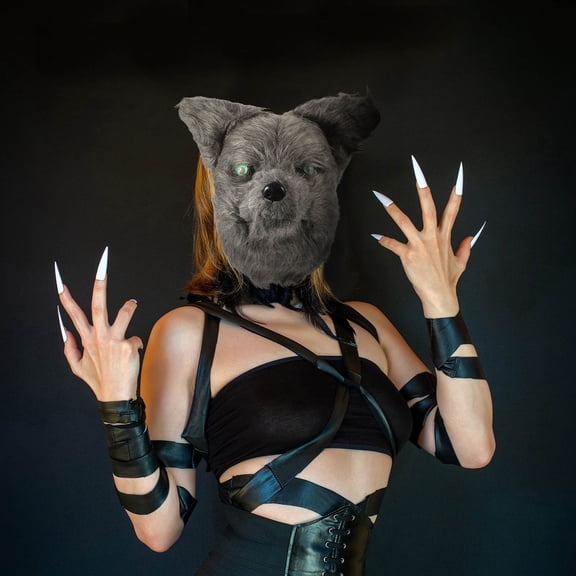 OUNONA Furry Wolf Mask Grey PVC Cosplay Mask with Mouth Movement for Masquerade