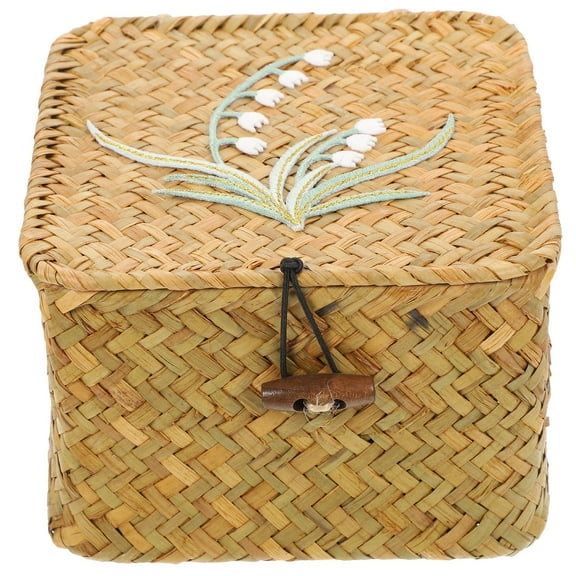 OUNONA Multi Color Woven Straw Storage Box with Lid for Desk Storage and Sundries