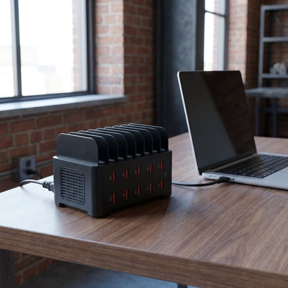 OUNONA USB Charging Station, Black Plastic and Metal, 10-Port High Power Desktop Organizer