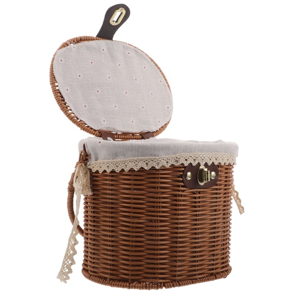 OUNONA Rustic Brown Woven Basket with Lid and Handles for Kitchen and Outdoor Storage