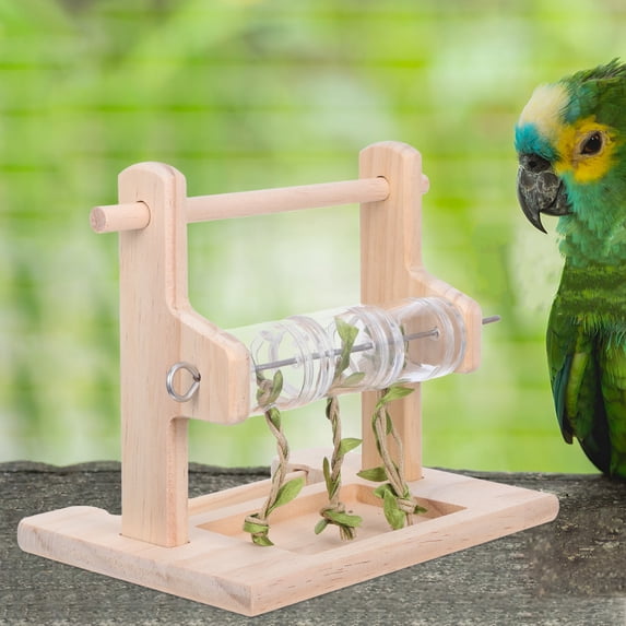 View of OUNONA Natural Wood Bird Perch Stand Parrots Cage Playground With ...