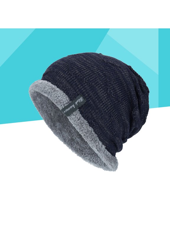 Navy Winter Knit Beanie Hat with Thick Plush Lining, Soft Warm Winter Cap for Men and Women